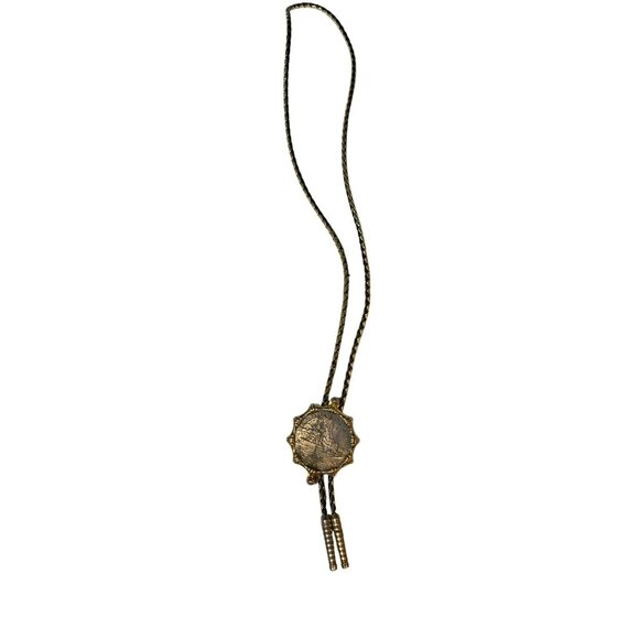 1941 Pearl Harbor Commemorative Bolo Tie Gold Tone Metal & Black Braided Cord - Picture 1 of 4